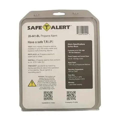 Compact Propane Gas Alarm For Rvs With Surface Mount packaging back, showing specifications and warnings for safe use