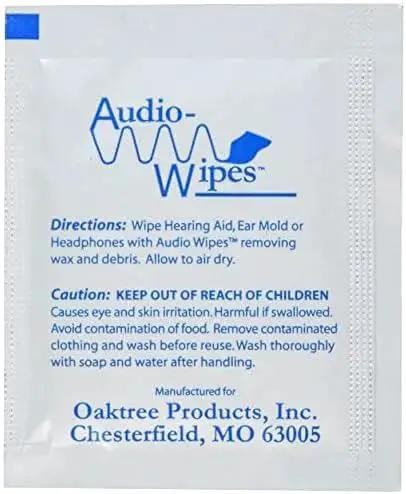 Alcohol Free Hearing Aid Cleaning Wipes for Earbuds and IEMs 100 Towelettes packaging front view