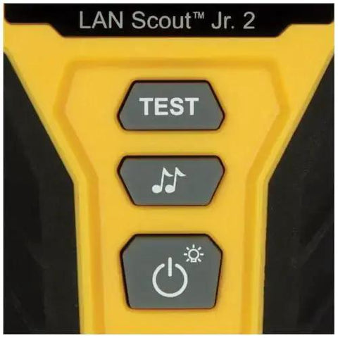 Close-up of LAN Scout Jr 2 Ethernet Cable Tester for CAT5e CAT6 CAT6A RJ45 cables showing buttons for test functions.