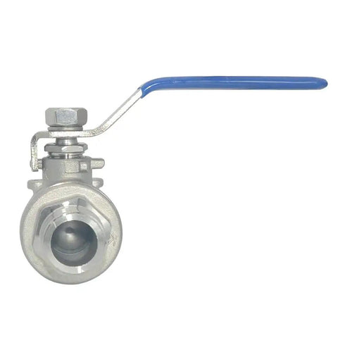 Front view of Full Port Stainless Steel Ball Valve One Half Inch Male To Female NPT 304 Stainless Steel, 1000WOG with blue handle.