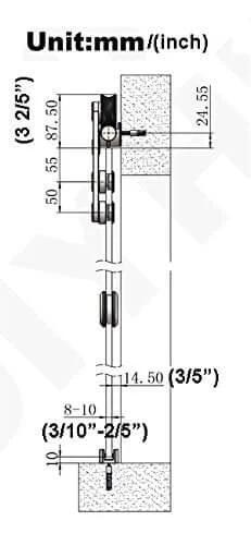 Diagram showing installation details of 12 Ft Stainless Steel Glass Double Bi Partition Sliding Barn Door Hardware Kit Heavy Duty.