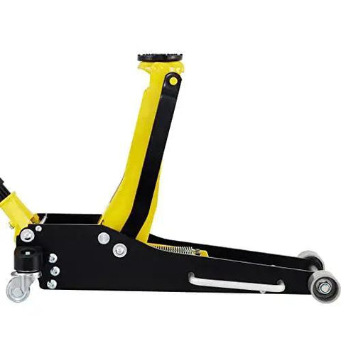 Side view of Low Profile 3 Ton Racing Floor Jack With Dual Pistons Aluminum Steel Quick Lift, showing lift arm and wheels.