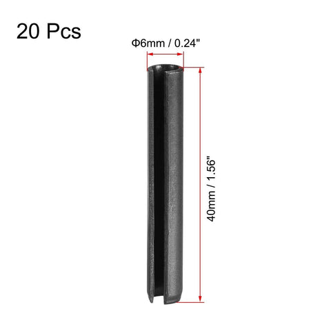20-Piece Slotted Spring Pin Set 6mm By 40mm 65Mn Plain Finish showing dimensions 6mm diameter and 40mm length.