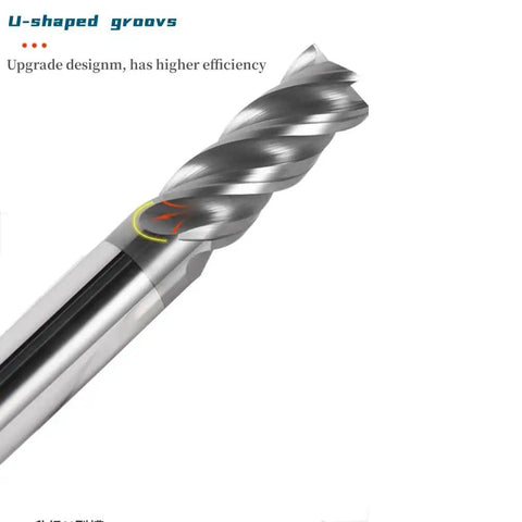 Close-up of a single carbide square end mill from the Two Pack Half Inch Carbide Square End Mills Set For Alloy And Hardened Steels AlTiN Coated Four Flute Milling Bits Micro Grain Carbide With High Hardness And Wear Resistance Built For HRC 45 Machining, showcasing its U-shaped grooves.