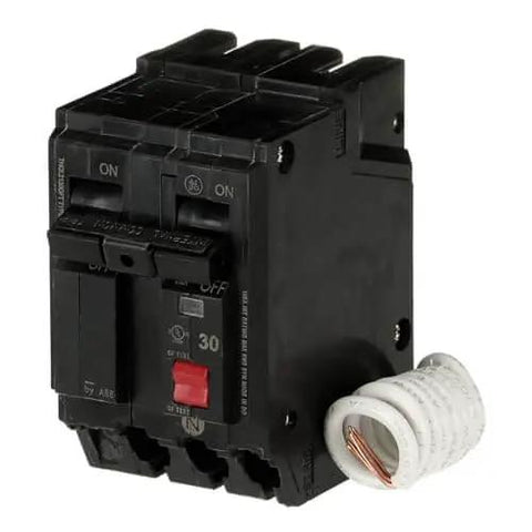 Close-up of 30A Double-Pole GFCI Circuit Breaker THQL2130GFTP 120/240 VAC Self-Test Ground Fault Interrupter with coil.