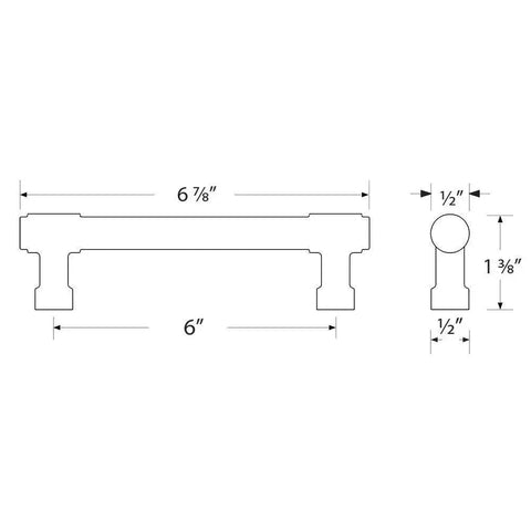 Technical drawing of Emtek Jasper Pull Satin Brass Finish Center To Center 6 Inches Available In 7 Sizes And 6 Finishes Model 86689US4.