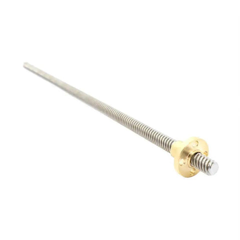 400mm T8x8 Lead Screw With Brass Nut For 3D Printer Z Axis, shown lying flat with brass nut and threaded stainless steel rod.
