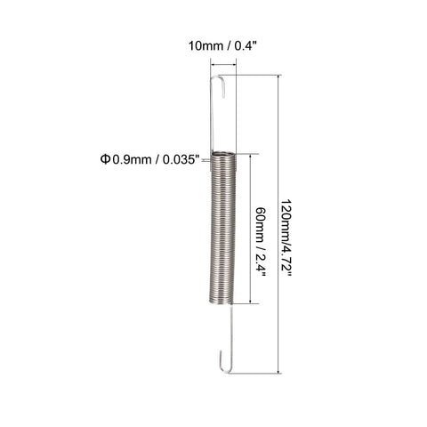 uxcell extension spring with dual hooks, spring steel, 0.9mm wire, 10mm OD, 120mm length