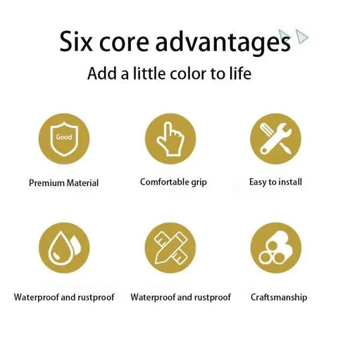 Infographic showing six advantages of gold matte cabinet pull: premium material, comfortable grip, easy install, waterproof, rustproof, craftsmanship.