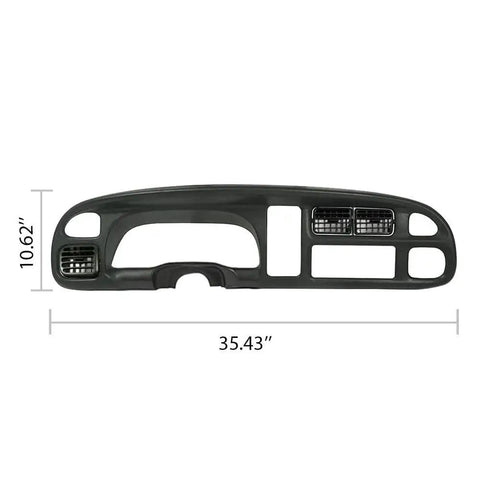 Dashboard Bezel Cover For Dodge Ram 1998 To 2002 Instrument Panel, black replacement piece with dimensions shown