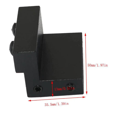 Close-up of a black aluminum barn door limiter with dimensions shown, part of 2 Pieces Barn Door Limiter Stop With Wrench Hardware.