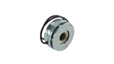 Front view of a circular electromagnetic brake assembly for forklifts; metal housing, black cables, splined bore.