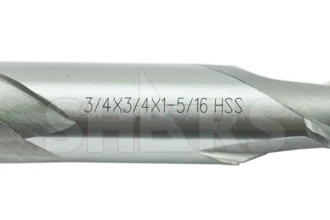 Close-up of 3/4x3/4x1-5/16 HSS engraving on end mill from 5 Piece One Quarter Inch HSS End Mill Set With Three Eighths Inch Shank, Two Flute