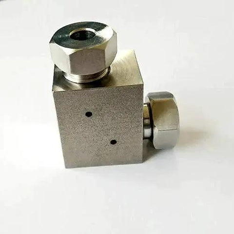 Stainless Steel Elbow Valve For Water Jet Cutting Machine Replacement Part, 1/4 Inch Inlet And Outlet, 2 Ports, Durable Pro Grade Industrial Spare No 10079051 Model 698253302752, side view showing ports and valve detail.