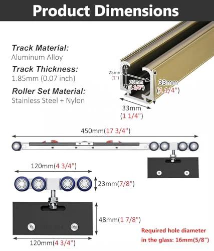 Diagram showing dimensions of 15ft Heavy Duty Sliding Barn Door Track Kit With Soft Close Hardware for glass doors