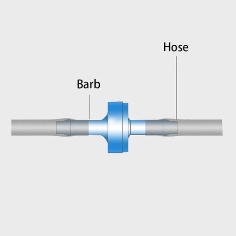 One-way check valve with 1/8 in hose barb on both ends, blue ozone-resistant plastic body