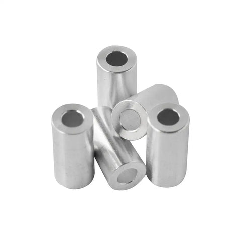 Aluminum Spacer Half OD Quarter Inch ID Standoff Fits Quarter Inch Or M6 Bolts, showing five spacers, front view.