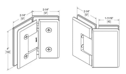 Technical diagram showing Oceana Heavy Duty 135 Degree Glass To Glass Hinge For Three Eighths To One Half Inch Glass Doors with dimensions.