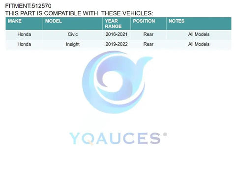 Compatibility chart for Rear Wheel Bearing and Hub Assembly 512570 Fits Honda Civic 2016 2021 and Insight 2019 2022.