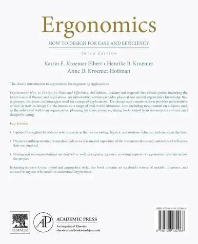 Book: Ergonomics: How to Design for Ease and Efficiency, white cover with gold title; Academic Press/Elsevier logos.