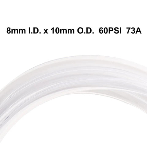 Close-up of clear PVC vinyl tubing curved in an arc; 8mm inner diameter, 10mm outer diameter.