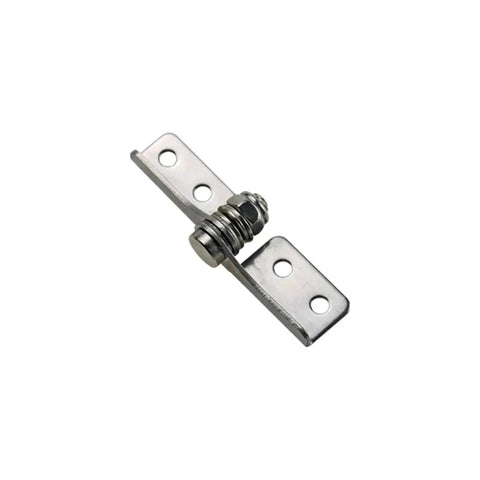 Close-up of damping hinge with adjustable torque pivot and free stop positioning on a metal mounting bracket