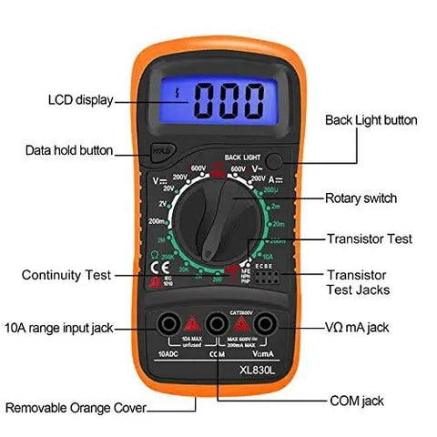 All In One Digital Multimeter Voltmeter Kit With LCD Display For AC DC Voltage And Current, Resistance, Continuity, Diodes, Battery Test, And Included Test Leads - front view showing LCD display and rotary switch.