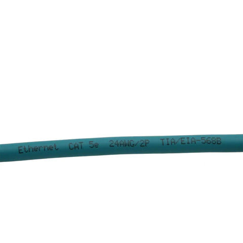Close-up of blue Ethernet CAT5e cable showing specifications for 24AWG/2P TIA/EIA-568B with clear print on sheath