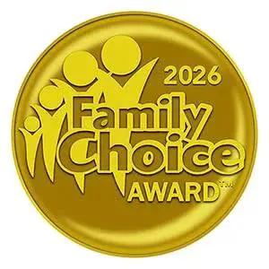 Gold 2026 Family Choice Award medal with stylized figures and text