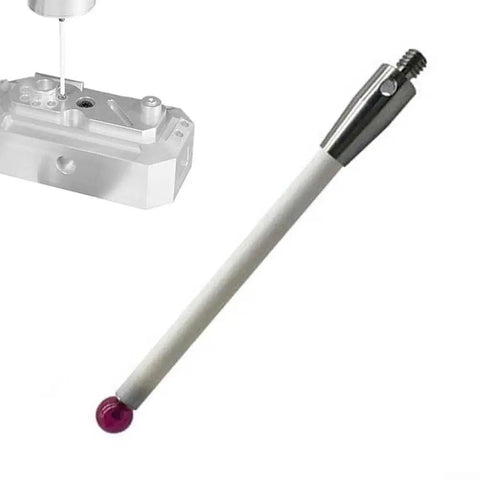 Image of a CMM Touch Probe Stylus with 6mm ceramic ball tip, 100mm length threaded handle, shown next to CNC machine part.