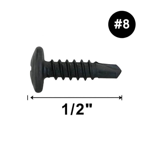 Side view of 150 Count Pro Grade Heavy Duty Self Drilling Sheet Metal Screws With Phillips Modified Truss Head One Half Inch Long Black Phosphate Finish Self Tapping For Quick One Step Install On Metal Studs And Wire Lath.