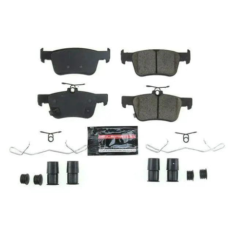 PowerStop Z23-2102 carbon-fiber ceramic rear brake pad kit with installation hardware, front view