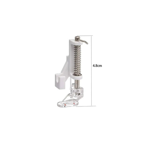Side view: open-toe walking foot with guide for quilting, white housing and clear toe, compatible with Brother machines