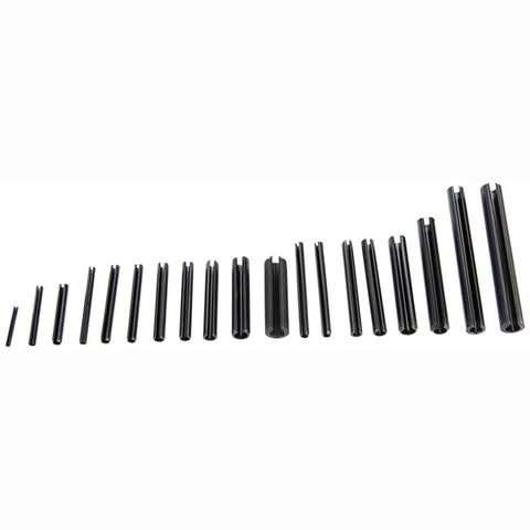 Assorted Slotted Spring Dowel Pins Kit, 450 Piece Set, Durable Spring Steel With Black Oxide Finish, lined up in size order