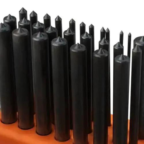 Transfer Punch Set With Premium Heat Treated Alloy Steel Punches 28 Piece Hole Punch Kit in black, close-up view of tools