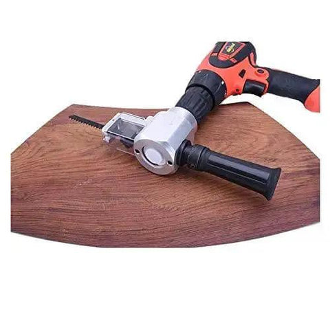 Double Head Metal Cutting Nibbler Saw with Case, attached to drill, on wooden board, for cutting iron, stainless steel, wood, and plywood