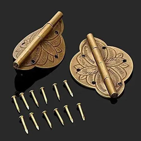 Two Pack Brass Wooden Jewelry Box Cabinet Door Embossed Decorative Hinge for Vintage Retro Furniture Hardware with screws