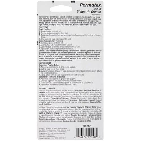 Permatex 22058 Dielectric Tune-Up Grease, 3oz, back of packaging with usage instructions