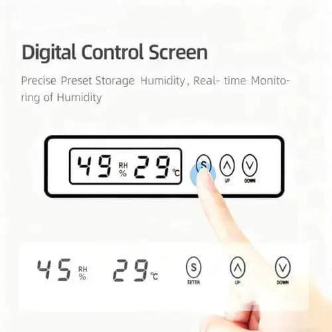 Digital control screen of 3D Printer Filament Dryer Box For Anti Moisture Storage, humidity settings at 49 RH and 29°C.