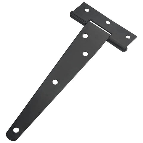 Heavy duty black 6 inch T strap shed hinge for barn doors, sheds, and wooden fences, single piece close-up view