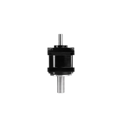 Compact Strain Wave Harmonic Drive Gearbox for NEMA 11 servo motors, front view of black and silver rotary actuator solution.