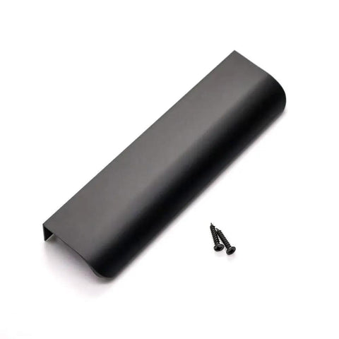 10 Pack Black Cabinet Handles 5 Inch Finger Pulls for Cabinets and Dresser Drawers With 5 Inch Hole Centers, shown with screws