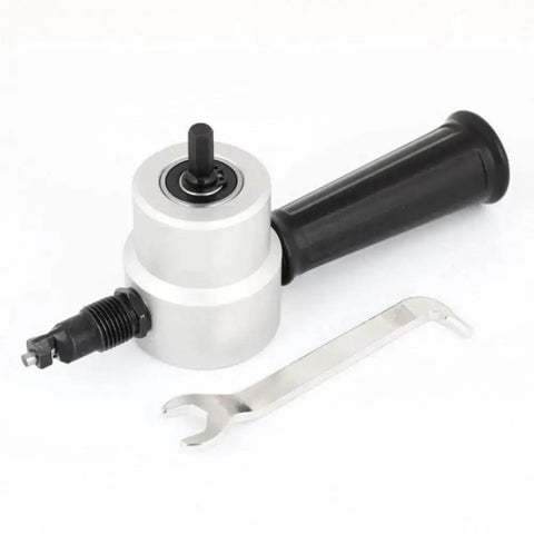 Double Head Sheet Metal Nibbler Saw Cutter Power Drill Attachment with ergonomic handle and wrench for car repair and metal sheet projects.