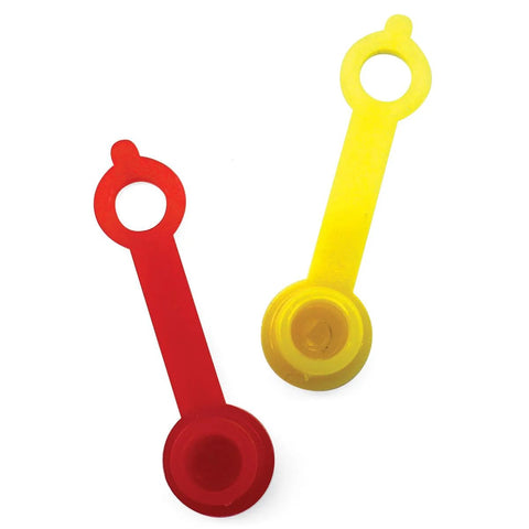 LockNLube grease fitting caps, red and yellow plastic caps for grease fittings, two-piece set
