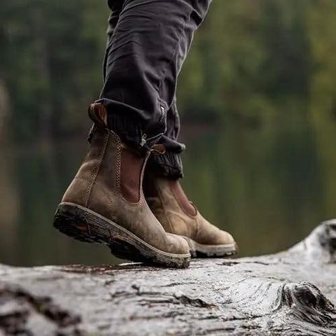 Close-up of rustic leather boots with a brown finish, ideal for nurturing, conditioning, and protecting with Leather Care Renovating Cream For Rustic Leather To Nourish And Condition Boots And Shoes From Blundstone Keeps Leather Supple And Protected Preserving Color And Flex For Everyday Wear.