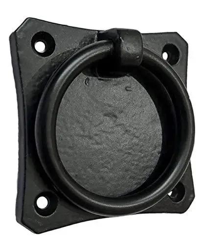 Close-up of Pethahiah Antique Cast Iron Cabinet Ring Drop Pulls 2.5 Inch Matte Black for vintage cabinets and drawers.