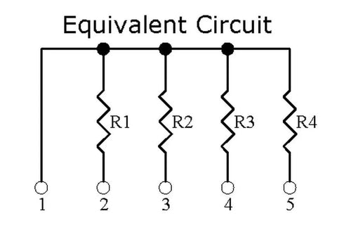Electronics-Salon resistor network schematic: four resistors R1-R4 from a common bus to pins 2-5; pin1 tied to the bus.