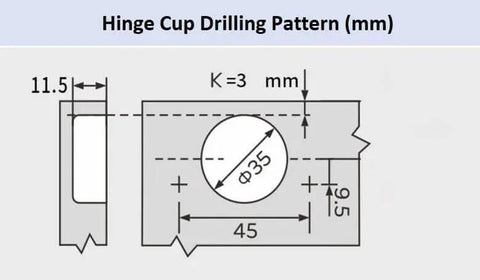 Diagram showing hinge cup drilling pattern with measurements in mm for 10 Pack 7 Sixteenth Inch Overlay Cabinet Hinges with 45mm spacing.