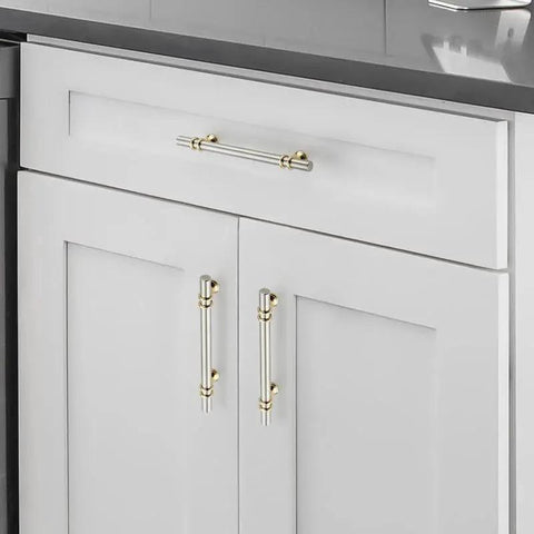 Two Tone Brushed Nickel And Gold Cabinet Pulls 7.38 Inch And 5 Inch Center To Center 30 Pack on white kitchen cabinet