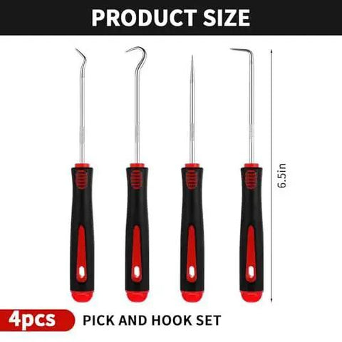 4 Piece Pick And Hook Tool Set For Auto Repair Must Have With 6.5 Inch Length, 135 Degree Curved Hook, 90 Degree Hook, 45 Degree Hook And Sharp Drill, Ergonomic Non Slip Grips, Pro Grade Mechanic Picks For Oil Seals And Puller Remover, Gift For Men
